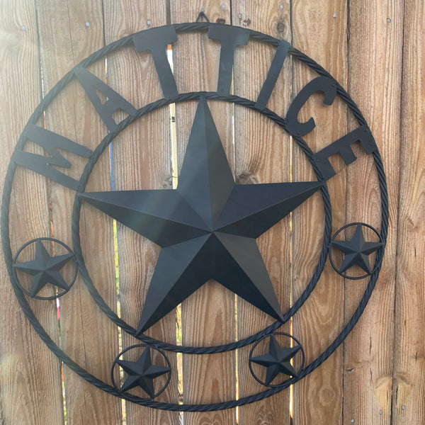 MATTICE STYLE BLACK STAR YOUR CUSTOM NAME BARN METAL STAR 3d TWISTED ROPE RING WESTERN HOME DECOR HANDMADE 24",32",36",50"