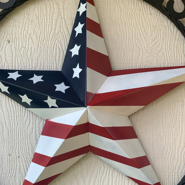 GOD BLESS AMERICA USA FLAG 3d STAR METAL BARN STAR LONE STAR TWISTED ROPE RING WALL ART WESTERN HOME DECOR RED WHITE & BLUE HANDMADE NEW #EH10490