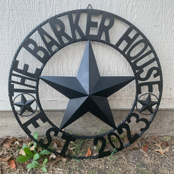 BARKER STYLE CUSTOM NAME STAR BARN METAL STAR 3d TWISTED ROPE RING LONESTAR WESTERN HOME DECOR RUSTIC BLACK HANDMADE 24",32",36",50"