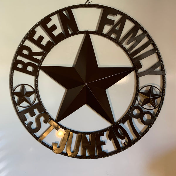 BREEN FAMILY STYLE CUSTOM NAME STAR BARN METAL STAR 3d TWISTED ROPE RING WESTERN HOME DECOR RUSTIC BROWN HANDMADE 24",32",36",50"