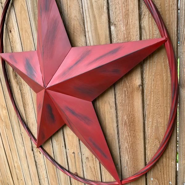 RED DISTRESSED STAR TWO TONE TEXTURE BARN STAR METAL LONESTAR TWISTED ROPE RING WESTERN HOME DECOR HANDMADE NEW