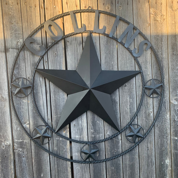 COLLINS STYLE CUSTOM STAR NAME BARN METAL STAR 3d TWISTED ROPE RING WESTERN HOME DECOR RUSTIC  BLACK HANDMADE 24",32",36",50"