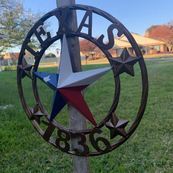 TEXAS FLAG STAR RED WHT BLUE STAR & BRONZE COPPER RING 1836 TEXAS METAL BARN LONE STAR WESTERN HOME DECOR HANDMADE NEW 12",18",24",32",36",50"