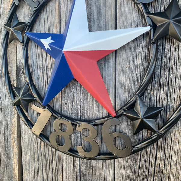 TEXAS FLAG STAR RED WHT BLUE STAR & BLACK RING METAL BARN LONE STAR WESTERN HOME DECOR HANDMADE NEW 12",18",24",36",50"