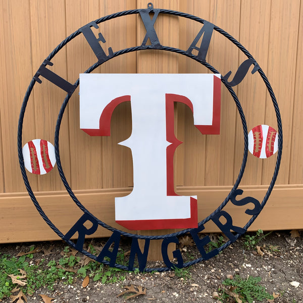 TEXAS RANGERS CUSTOM METAL VINTAGE CRAFT TEAM SIGN WHITE & RED & NAVY BLUE RING HANDMADE