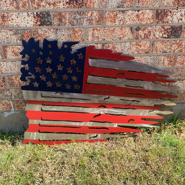 USA TATTERED AMERICAN FLAG METAL WALL ART WESTERN HOME DECOR HANDMADE NEW