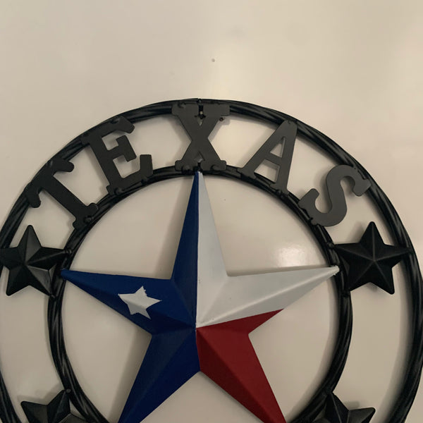 TEXAS FLAG STAR RED WHT BLUE STAR & BLACK RING METAL BARN LONE STAR WESTERN HOME DECOR HANDMADE NEW 12",18",24",36",50"