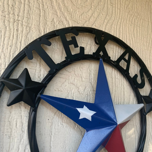 TEXAS FLAG STAR RED WHT BLUE STAR & BLACK RING METAL BARN LONE STAR WESTERN HOME DECOR HANDMADE NEW 12",18",24",36",50"