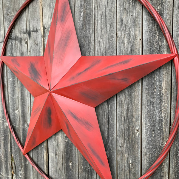 RED DISTRESSED STAR TWO TONE TEXTURE BARN STAR METAL LONESTAR TWISTED ROPE RING WESTERN HOME DECOR HANDMADE NEW