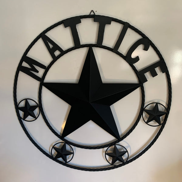 MATTICE STYLE BLACK STAR YOUR CUSTOM NAME BARN METAL STAR 3d TWISTED ROPE RING WESTERN HOME DECOR HANDMADE 24",32",36",50"