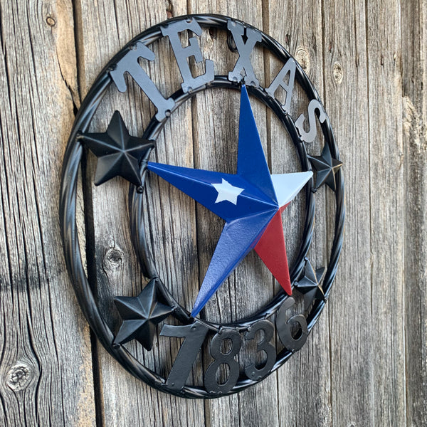 TEXAS FLAG STAR RED WHT BLUE STAR & BLACK RING METAL BARN LONE STAR WESTERN HOME DECOR HANDMADE NEW 12",18",24",36",50"