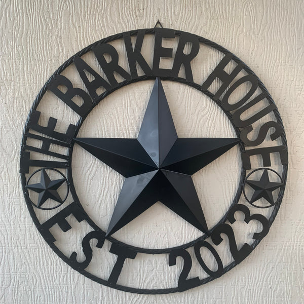 BARKER STYLE CUSTOM NAME STAR BARN METAL STAR 3d TWISTED ROPE RING LONESTAR WESTERN HOME DECOR RUSTIC BLACK HANDMADE 24",32",36",50"