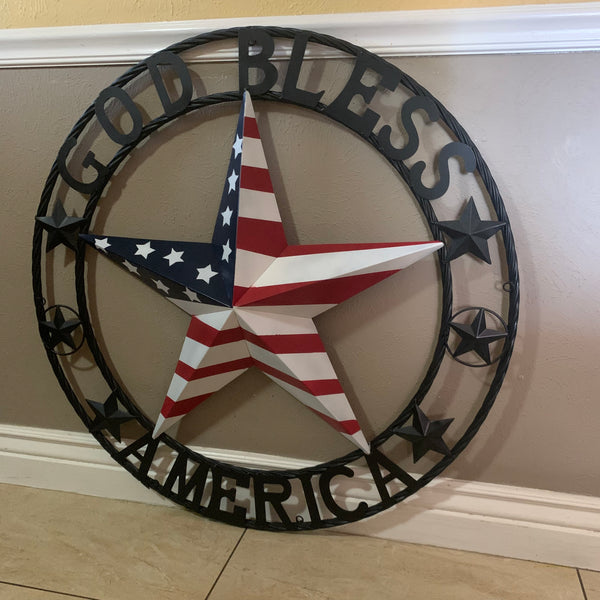 GOD BLESS AMERICA USA FLAG 3d STAR METAL BARN STAR LONE STAR TWISTED ROPE RING WALL ART WESTERN HOME DECOR RED WHITE & BLUE HANDMADE NEW #EH10490