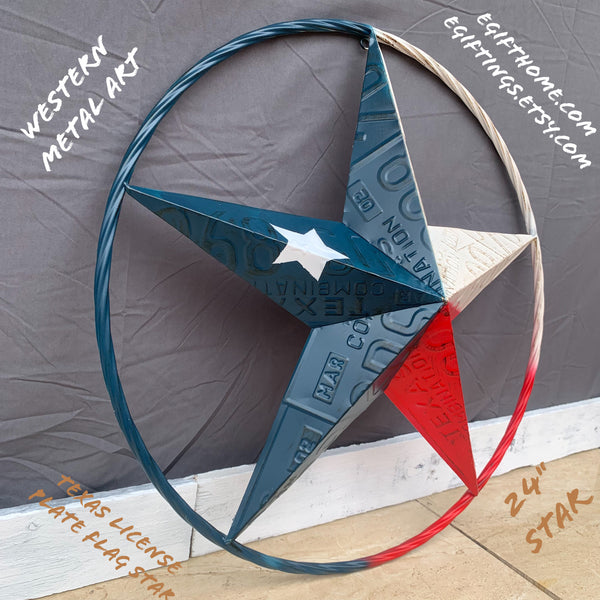 TEXAS LICENSE PLATE STAR RED WHITE & BLUE BARN METAL LONE STAR WESTERN HOME DECOR HANDMADE NEW 12",16",24",32",36"