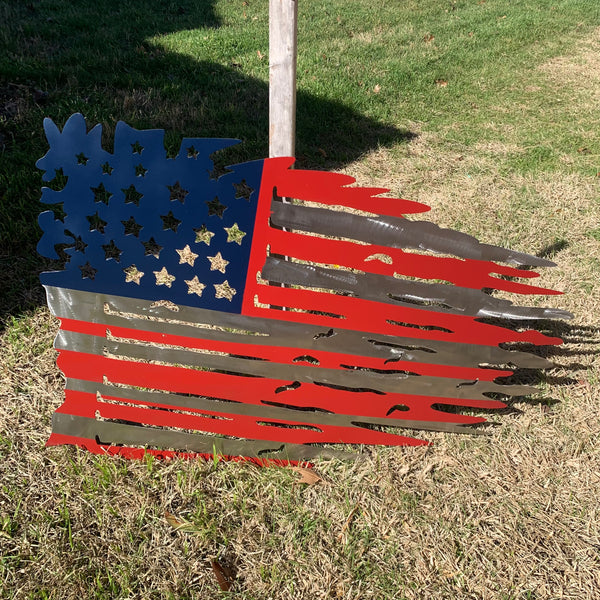 USA TATTERED AMERICAN FLAG METAL WALL ART WESTERN HOME DECOR HANDMADE NEW