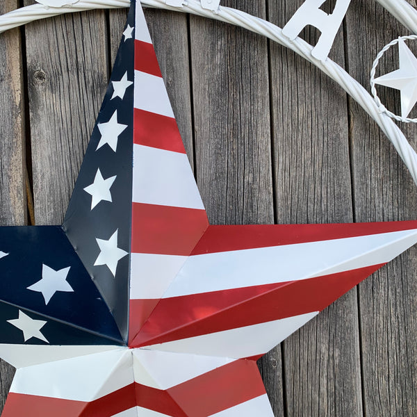 LUNA STYLE CUSTOM NAME BARN STAR METAL STAR 3d TWISTED ROPE RING WESTERN HOME DECOR USA FLAG STAR RED WHOTE & BLUE WITH WHITE RING HANDMADE 24",32",36",50"