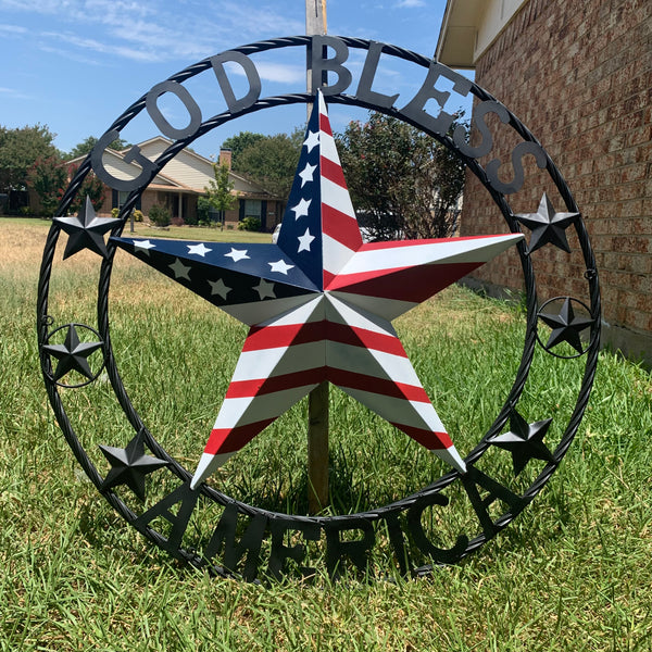 GOD BLESS AMERICA USA FLAG 3d STAR METAL BARN STAR LONE STAR TWISTED ROPE RING WALL ART WESTERN HOME DECOR RED WHITE & BLUE HANDMADE NEW #EH10490