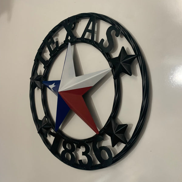 TEXAS FLAG STAR RED WHT BLUE STAR & BLACK RING METAL BARN LONE STAR WESTERN HOME DECOR HANDMADE NEW 12",18",24",36",50"