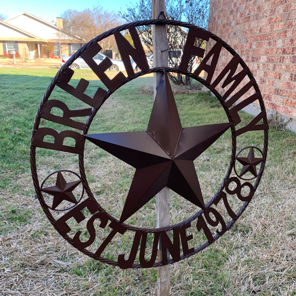 BREEN FAMILY STYLE CUSTOM NAME STAR BARN METAL STAR 3d TWISTED ROPE RING WESTERN HOME DECOR RUSTIC BROWN HANDMADE 24",32",36",50"