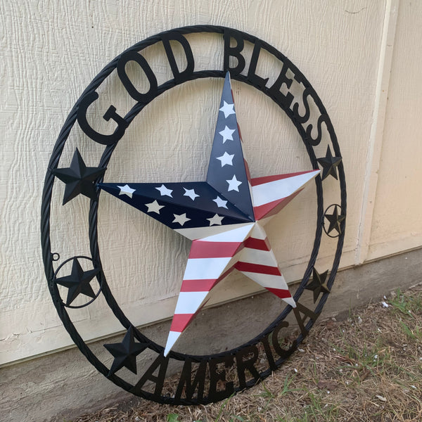 GOD BLESS AMERICA USA FLAG 3d STAR METAL BARN STAR LONE STAR TWISTED ROPE RING WALL ART WESTERN HOME DECOR RED WHITE & BLUE HANDMADE NEW #EH10490