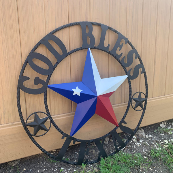 GOD BLESS TEXAS RED WHITE BLUE BARN METAL STAR BRONZE TWISTED ROPE RING WALL ART WESTERN HOME DECOR HANDMADE