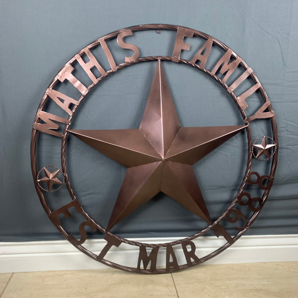 MATHIS STYLE CUSTOM NAME STAR BARN STAR 3d METAL LONESTAR TWISTED ROPE RING WESTERN HOME DECOR RUSTIC BRONZE COPPER HANDMADE 24",32",36",50"