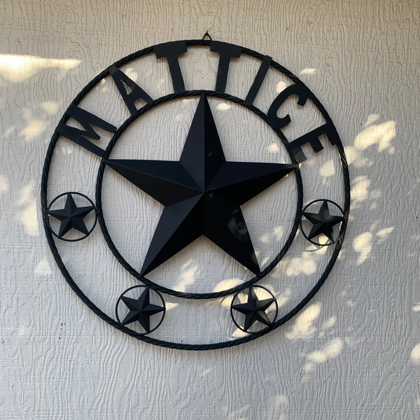 MATTICE STYLE BLACK STAR YOUR CUSTOM NAME BARN METAL STAR 3d TWISTED ROPE RING WESTERN HOME DECOR HANDMADE 24",32",36",50"