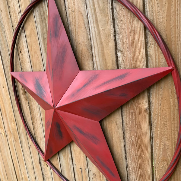 RED DISTRESSED STAR TWO TONE TEXTURE BARN STAR METAL LONESTAR TWISTED ROPE RING WESTERN HOME DECOR HANDMADE NEW