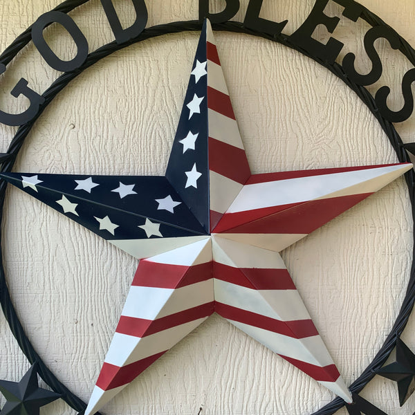 GOD BLESS AMERICA USA FLAG 3d STAR METAL BARN STAR LONE STAR TWISTED ROPE RING WALL ART WESTERN HOME DECOR RED WHITE & BLUE HANDMADE NEW #EH10490