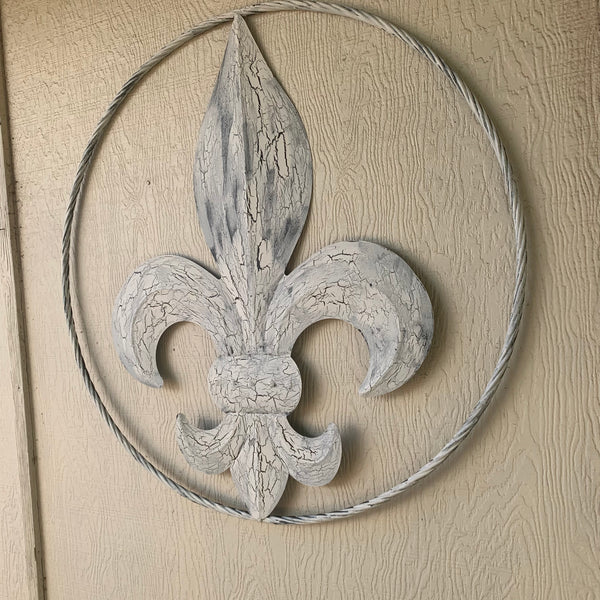 24",36" FLEUR DE LIS METAL CRACKLE WHITE WESTERN HOME DECOR HANDMADE WALL ART NEW