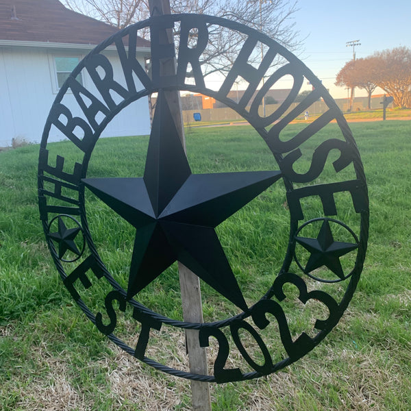 BARKER STYLE CUSTOM NAME STAR BARN METAL STAR 3d TWISTED ROPE RING LONESTAR WESTERN HOME DECOR RUSTIC BLACK HANDMADE 24",32",36",50"