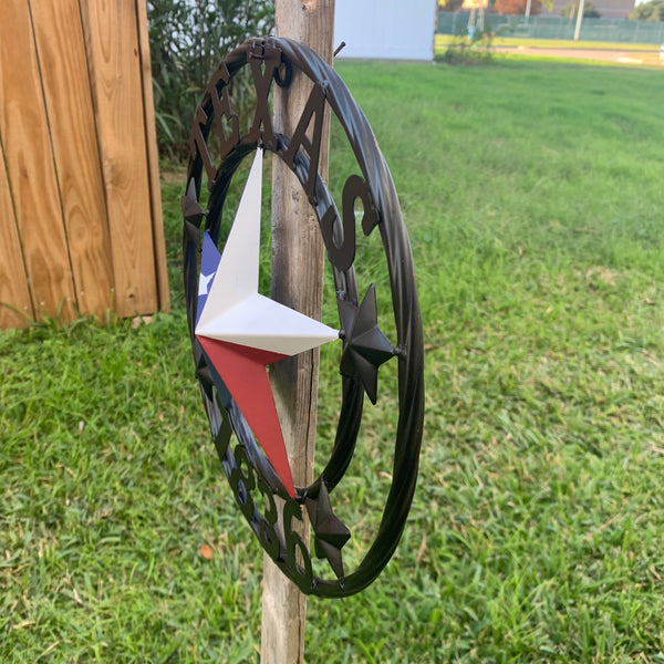 TEXAS FLAG STAR RED WHT BLUE STAR & BLACK RING METAL BARN LONE STAR WESTERN HOME DECOR HANDMADE NEW 12",18",24",36",50"