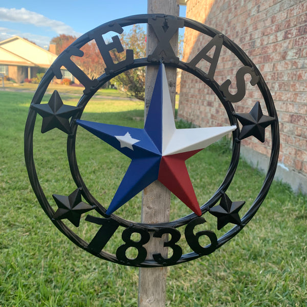 TEXAS FLAG STAR RED WHT BLUE STAR & BLACK RING METAL BARN LONE STAR WESTERN HOME DECOR HANDMADE NEW 12",18",24",36",50"