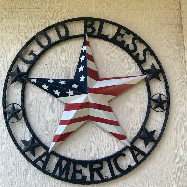 GOD BLESS AMERICA USA FLAG 3d STAR METAL BARN STAR LONE STAR TWISTED ROPE RING WALL ART WESTERN HOME DECOR RED WHITE & BLUE HANDMADE NEW #EH10490