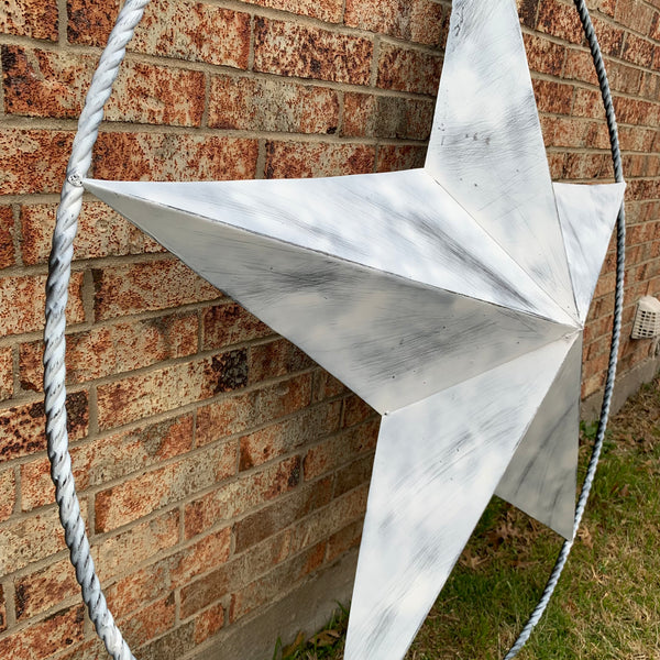 5 FOOT WHITE DISTRESSED STAR TWO TONE TEXTURE BARN STAR METAL LONESTAR TWISTED ROPE RING WESTERN HOME DECOR HANDMADE NEW
