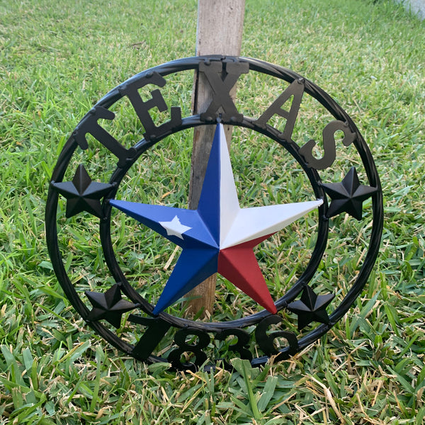 TEXAS FLAG STAR RED WHT BLUE STAR & BLACK RING METAL BARN LONE STAR WESTERN HOME DECOR HANDMADE NEW 12",18",24",36",50"