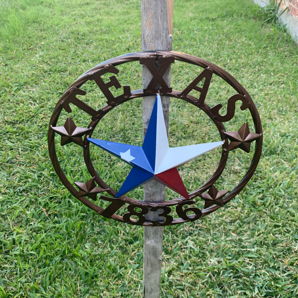 TEXAS FLAG STAR RED WHT BLUE STAR & BRONZE COPPER RING 1836 TEXAS METAL BARN LONE STAR WESTERN HOME DECOR HANDMADE NEW 12",18",24",32",36",50"