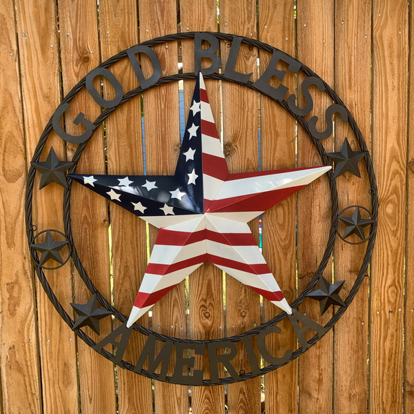 GOD BLESS AMERICA USA FLAG 3d STAR METAL BARN STAR LONE STAR TWISTED ROPE RING WALL ART WESTERN HOME DECOR RED WHITE & BLUE HANDMADE NEW #EH10490