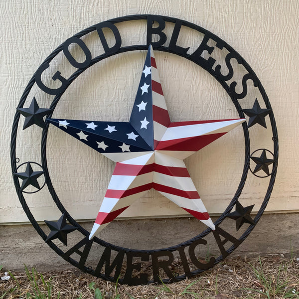 GOD BLESS AMERICA USA FLAG 3d STAR METAL BARN STAR LONE STAR TWISTED ROPE RING WALL ART WESTERN HOME DECOR RED WHITE & BLUE HANDMADE NEW #EH10490