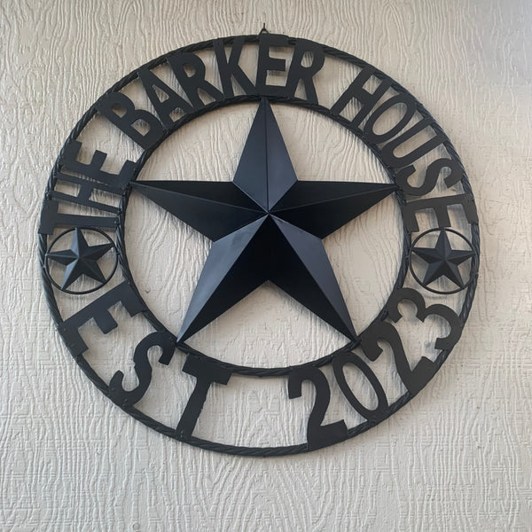 BARKER STYLE CUSTOM NAME STAR BARN METAL STAR 3d TWISTED ROPE RING LONESTAR WESTERN HOME DECOR RUSTIC BLACK HANDMADE 24",32",36",50"