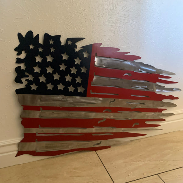 USA TATTERED AMERICAN FLAG METAL WALL ART WESTERN HOME DECOR HANDMADE NEW