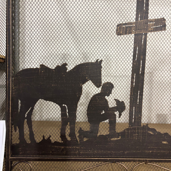 PRAYING COWBOY CHURCH METAL FIREPLACE SCREEN 39" X 34" WESTERN HOME DECOR HANDMADE #EH80004