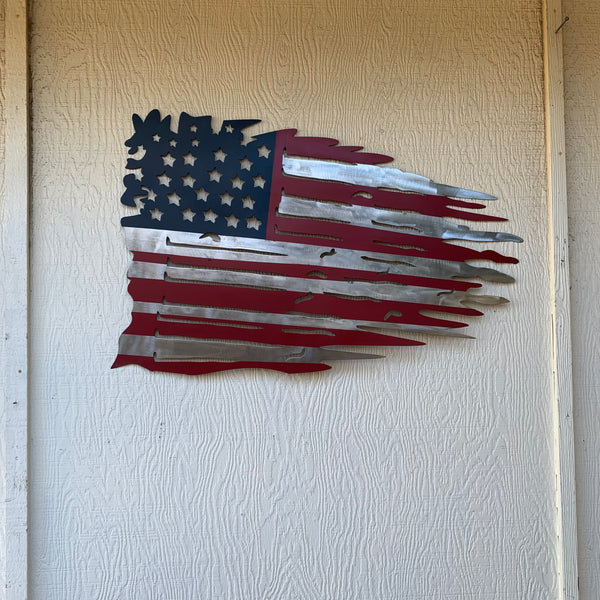 USA TATTERED AMERICAN FLAG METAL WALL ART WESTERN HOME DECOR HANDMADE NEW