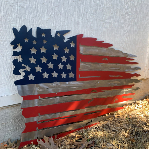 USA TATTERED AMERICAN FLAG METAL WALL ART WESTERN HOME DECOR HANDMADE NEW