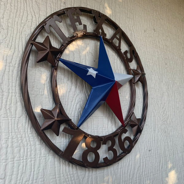 TEXAS FLAG STAR RED WHT BLUE STAR & BRONZE COPPER RING 1836 TEXAS METAL BARN LONE STAR WESTERN HOME DECOR HANDMADE NEW 12",18",24",32",36",50"
