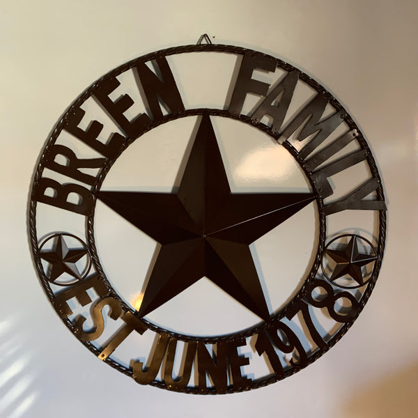 BREEN FAMILY STYLE CUSTOM NAME STAR BARN METAL STAR 3d TWISTED ROPE RING WESTERN HOME DECOR RUSTIC BROWN HANDMADE 24",32",36",50"