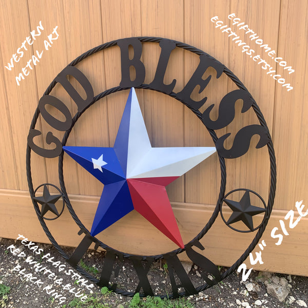 GOD BLESS TEXAS RED WHITE BLUE BARN METAL STAR BRONZE TWISTED ROPE RING WALL ART WESTERN HOME DECOR HANDMADE