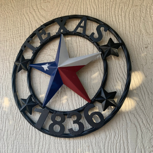 TEXAS FLAG STAR RED WHT BLUE STAR & BLACK RING METAL BARN LONE STAR WESTERN HOME DECOR HANDMADE NEW 12",18",24",36",50"