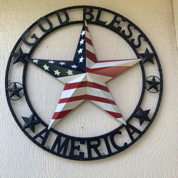 GOD BLESS AMERICA USA FLAG 3d STAR METAL BARN STAR LONE STAR TWISTED ROPE RING WALL ART WESTERN HOME DECOR RED WHITE & BLUE HANDMADE NEW #EH10490