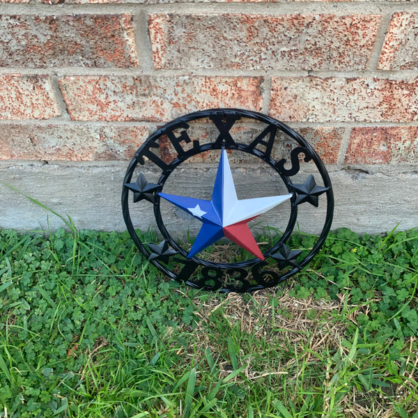 TEXAS FLAG STAR RED WHT BLUE STAR & BLACK RING METAL BARN LONE STAR WESTERN HOME DECOR HANDMADE NEW 12",18",24",36",50"